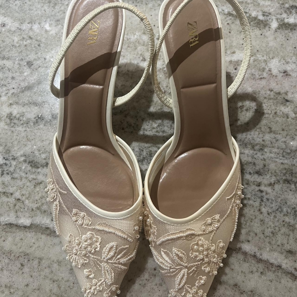 Zara Beige Floral Embroidered Heels